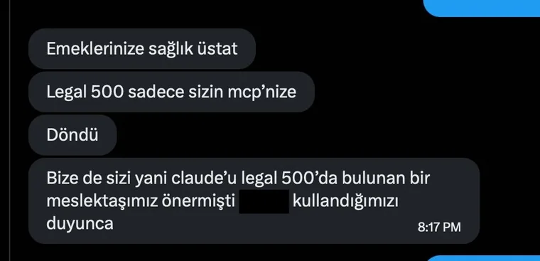 Kullanıcı mesajı: Legal 500 sadece sizin MCP’nize döndü