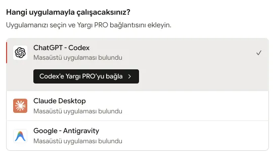 Yargı PRO Masaüstü, yapay zekâ bağlama ekranı: ChatGPT (Codex) seçili, “Codex’e Yargı PRO’yu bağla” düğmesi.