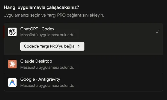 Yargı PRO Masaüstü, yapay zekâ bağlama ekranı: ChatGPT (Codex) seçili, “Codex’e Yargı PRO’yu bağla” düğmesi.
